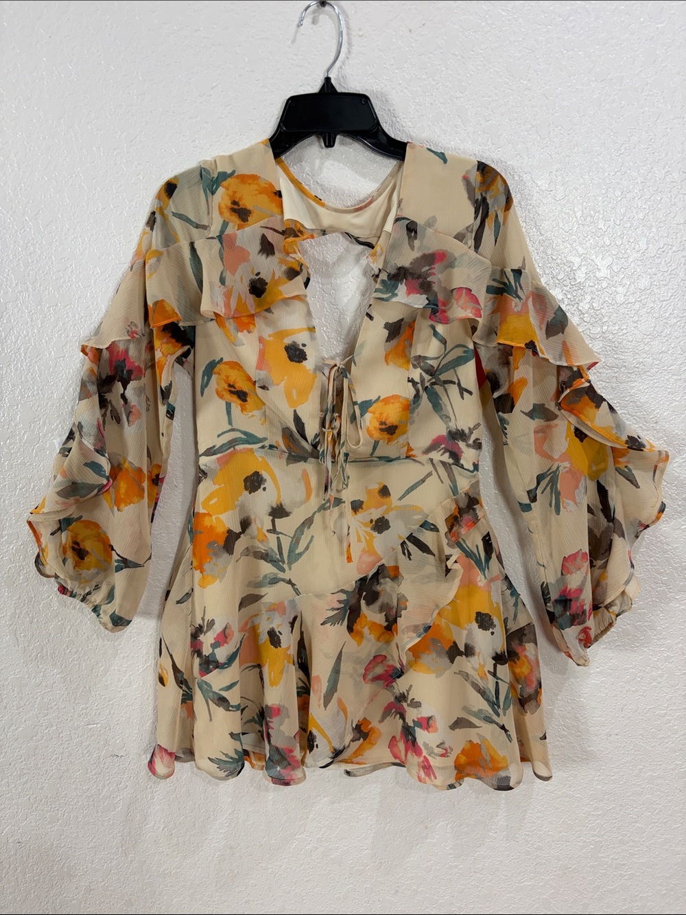 Floral Ruffle Tie-Front Peasant dress,Size 10,Cream/Yellow